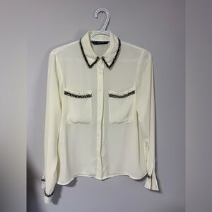 ZARA Botton-down textured tweed trim blouse